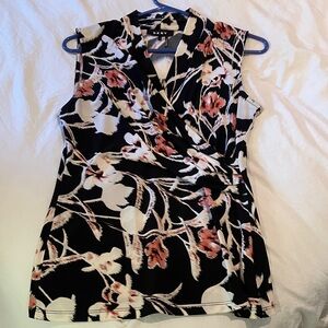DKNY Black, Orange, and white Floral Wrap Blouse